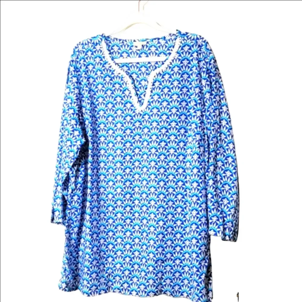 TALBOTS WOMAN 2X Blue White Cotton Scallop Tunic Blouse Top - Picture 1 of 8